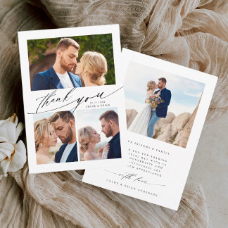 Modern Boho Calligraphy 4 Photo Wedding Thank You Card
