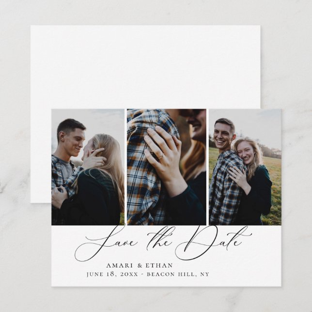 Modern Boho Calligraphy Multi-Photo Save the Date Announcement (Front/Back)