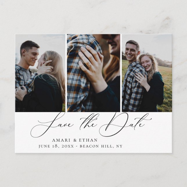 Modern Boho Calligraphy Multi-Photo Save the Date Announcement Postcard (Front)