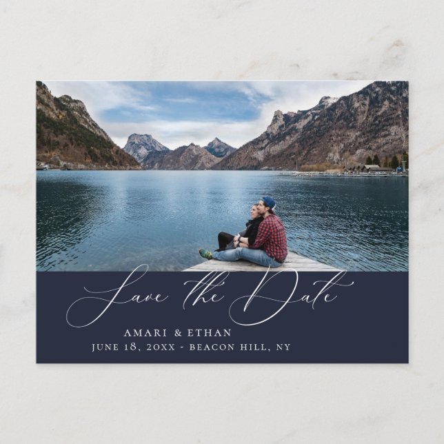 Modern Boho Calligraphy Photo Save the Date Announcement Postcard (Front)