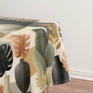 Modern Boho Ceramic Vases and Botanical Leaves Tablecloth