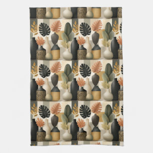 Modern Boho Ceramic Vases and Botanical Leaves Tea Towel