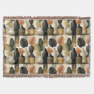 Modern Boho Ceramic Vases and Botanical Leaves Throw Blanket