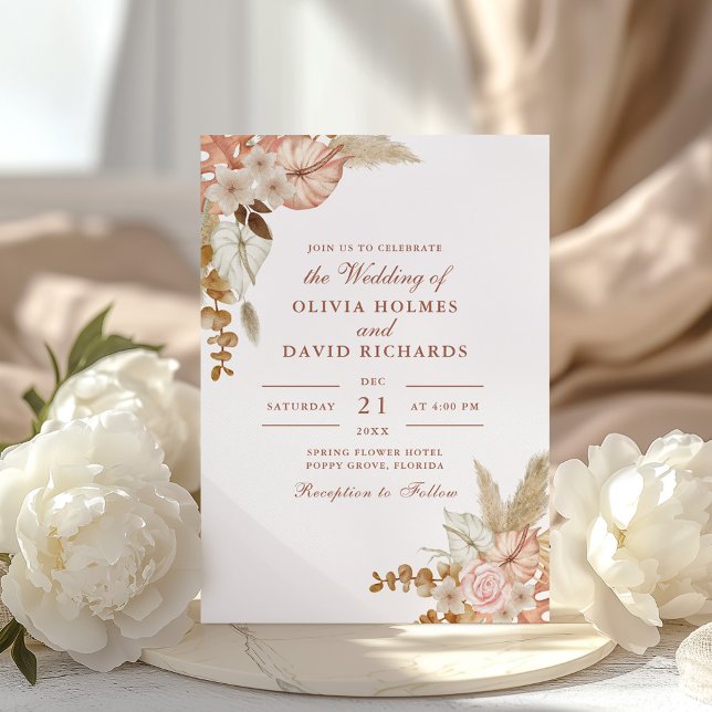 Modern Boho Chic Floral Pampas Grass Wedding Invitation (Modern Boho Chic Floral Pampas Grass Wedding Invitation on an elegant table with white peonies)