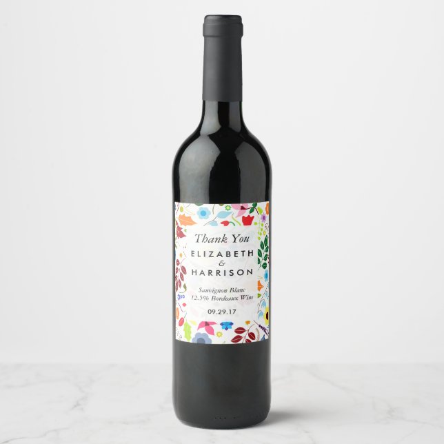 Modern Boho Chic Floral Wedding Wine Label (Front)