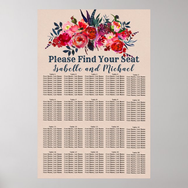 Modern Boho Chic Red Floral 20-Table Seating Chart (Front)