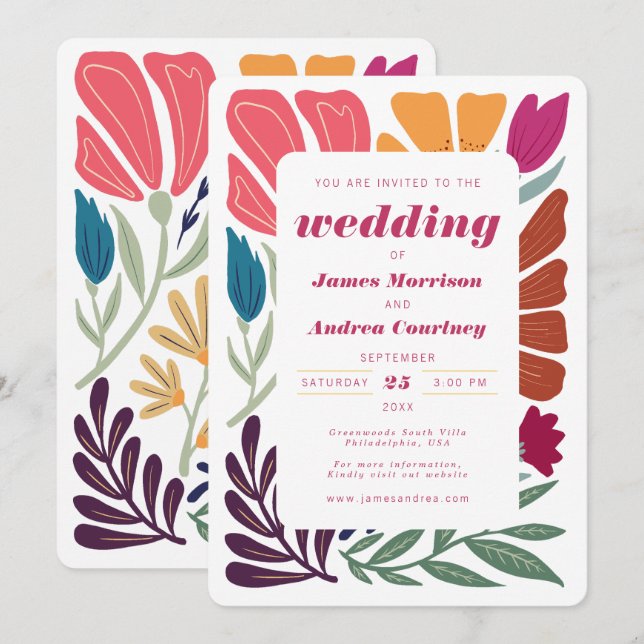 Modern Boho Chic Retro Colourful Floral Wedding Invitation (Front/Back)