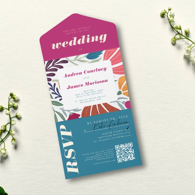 Modern Boho Chic Retro Colourful Wedding All In One Invitation (Creator Uploaded)