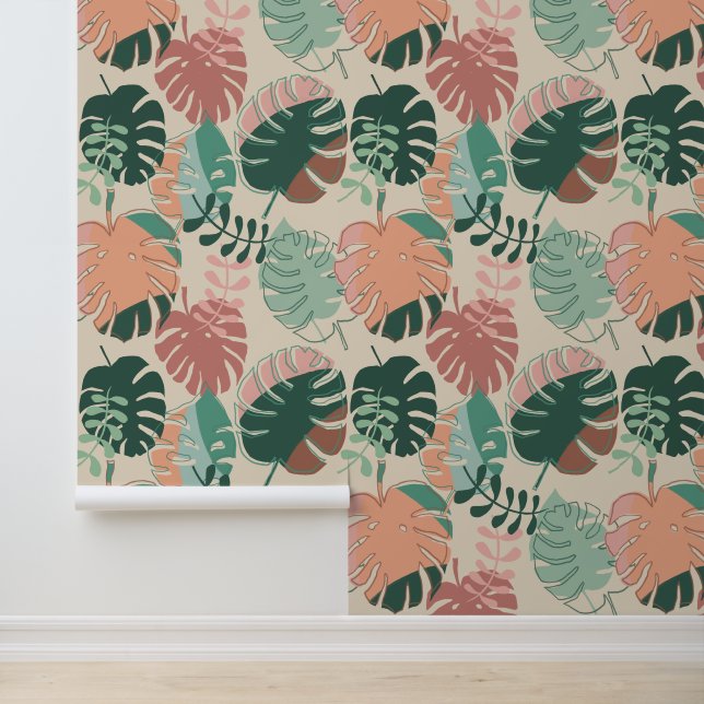 Modern Boho Chic Tropical Monstera Leaves Pattern Wallpaper (Application)