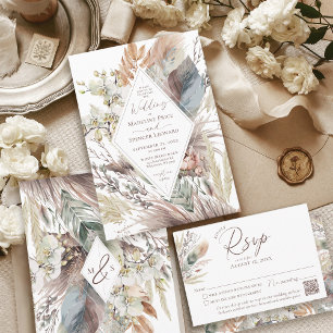 Modern Boho Chic Watercolor Pampas Floral Wedding Invitation