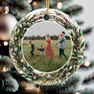 Modern Boho Chic Wreath Floral Christmas Photo Ceramic Tree Decoration