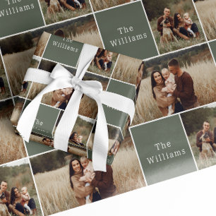 Modern Boho Christmas   Green Family Photo Collage Wrapping Paper