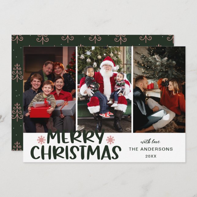 Modern Boho Christmas Tree Merry Christmas 3 Photo Holiday Card (Front/Back)