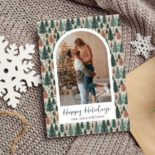 Modern Boho Christmas Tree Pattern Arch Photo Holiday Card