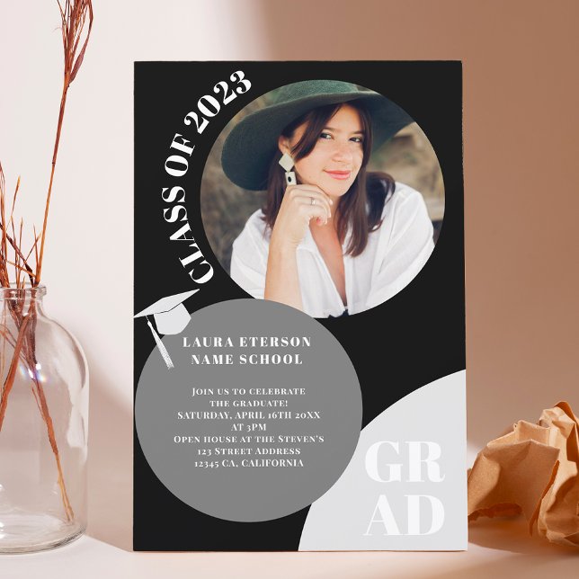 Modern boho circle black chic 5 photos graduation invitation (Creator Uploaded)