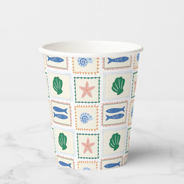 Modern Boho Coastal Pastel Seashell Pattern Paper Cups (Front)