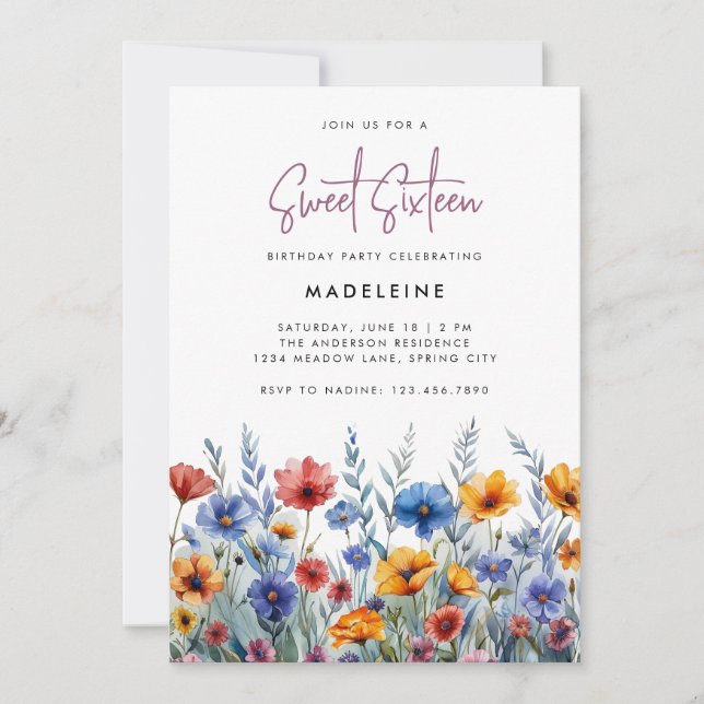Modern Boho Colourful Wildflowers Sweet Sixteen Invitation (Front)