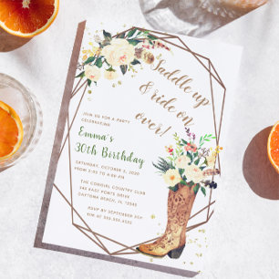 Modern Boho Cowgirl Floral Boots Birthday Party Invitation
