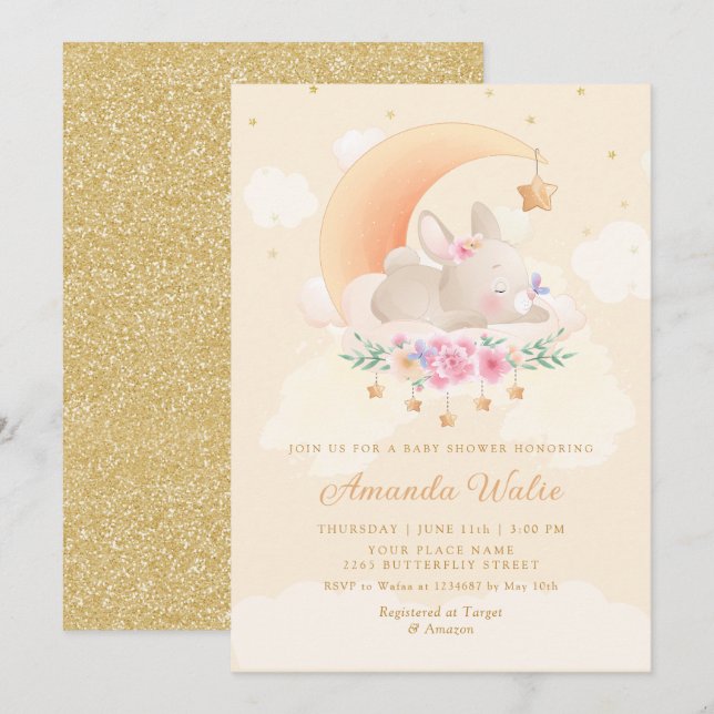 Modern Boho Cute Watercolor Bunny Girl Baby Shower Invitation (Front/Back)