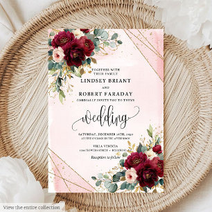 Modern Boho Deep Red Gold Blush Roses Wedding  Invitation