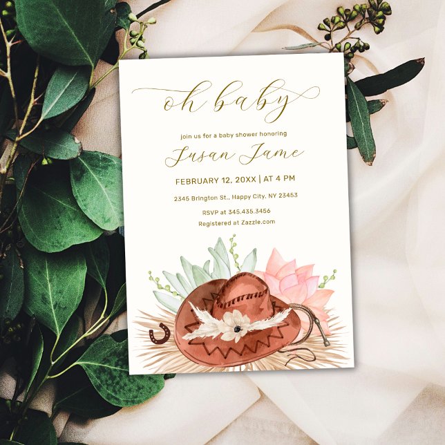 Modern Boho Desert Cactus Cowboy Hat Baby Shower  Invitation (Modern Boho Desert Cactus Cowboy Hat Baby Shower Invitation)