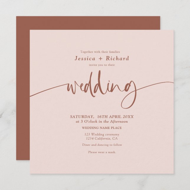Modern boho desert terracotta beige wedding script invitation (Front/Back)