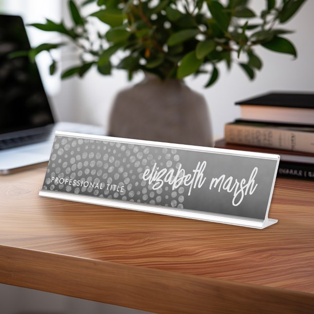 Modern Boho Dot Pattern with bounce script name Desk Name Plate (Personalized Desk Sign with Name and Title - Custom Executive Name Plate)