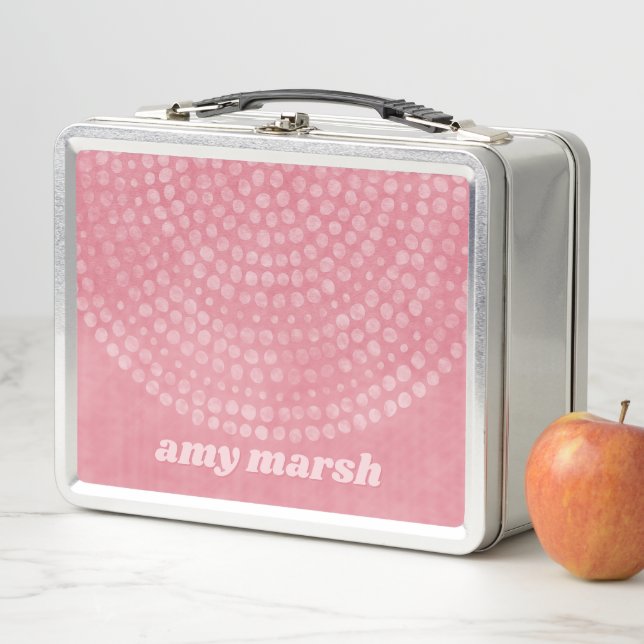 Modern Boho Dot Pattern with bounce script name Metal Lunch Box (In Situ)