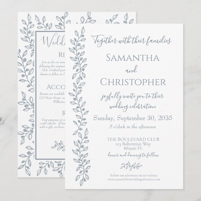 Modern Boho Dusty Blue Botanical Minimal Wedding Invitation (Front/Back)