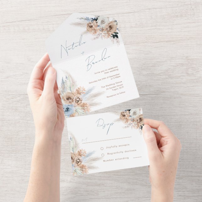 Modern Boho Dusty Blue Script Wedding All In One Invitation (Tearaway)