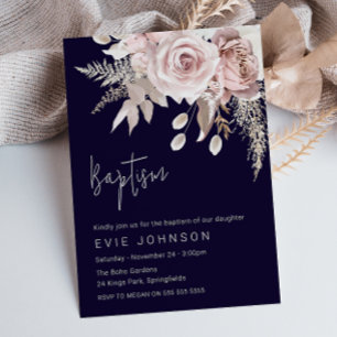 Modern Boho Dusty Rose & Navy Baptism Invitation
