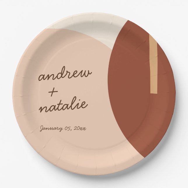 Modern Boho Earth-toned Abstract Circles Wedding Paper Plate (Front)