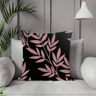 Modern Boho Elegant Mauve Leaf Pattern Black Cushion