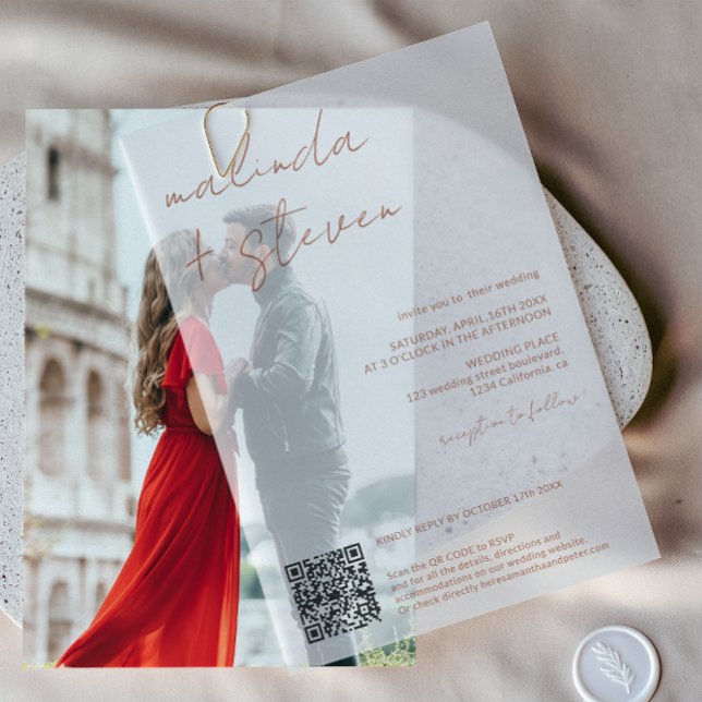 Modern Boho Elegant Script QR Code Wedding  Vellum Invitations (Modern Boho Elegant Script QR Code Wedding Vellum Invitations)