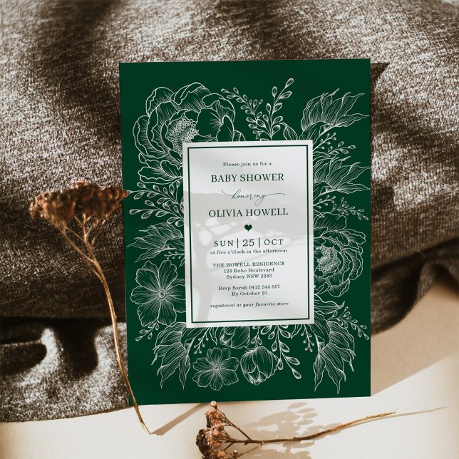 Modern Boho Emerald Floral Bouquet Baby Shower Invitation (Creator Uploaded)