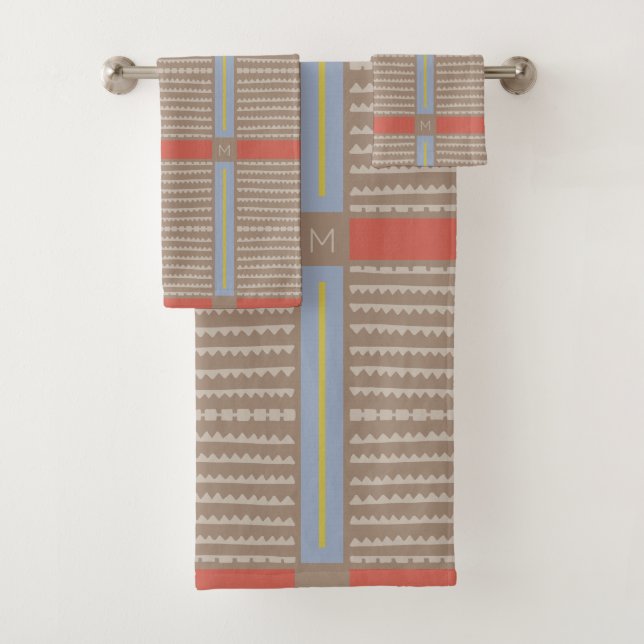 Modern Boho Ethnic Geometric Multi Khaki Bath Towel Set (Insitu)