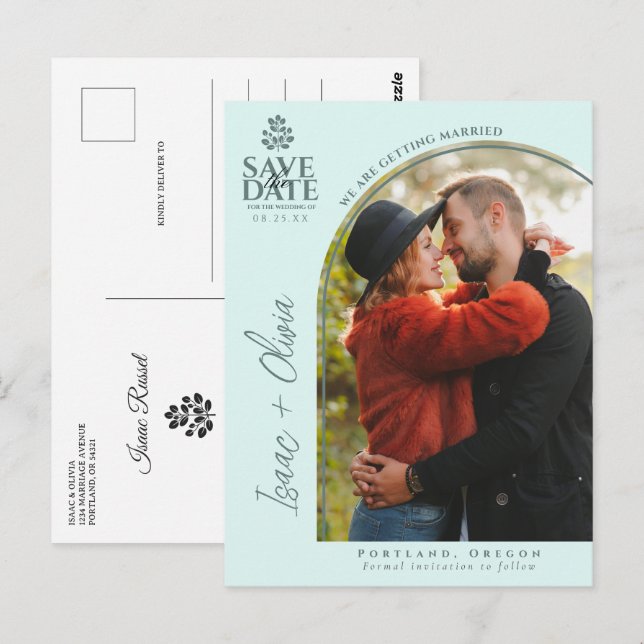 Modern Boho Eucalyptus Arch Photo Save The Date Postcard (Front/Back)