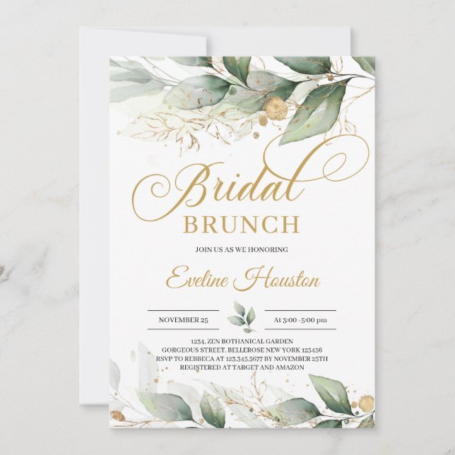 Modern boho eucalyptus gold leaves bridal brunch invitation (Front)