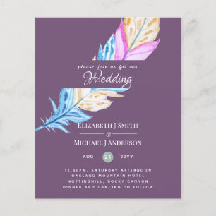 Modern Boho Feather Colourful Budget Wedding Invit