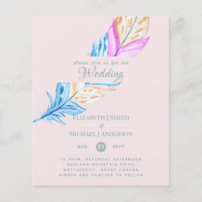 Modern Boho Feather Colourful Budget Wedding Invit (Front)
