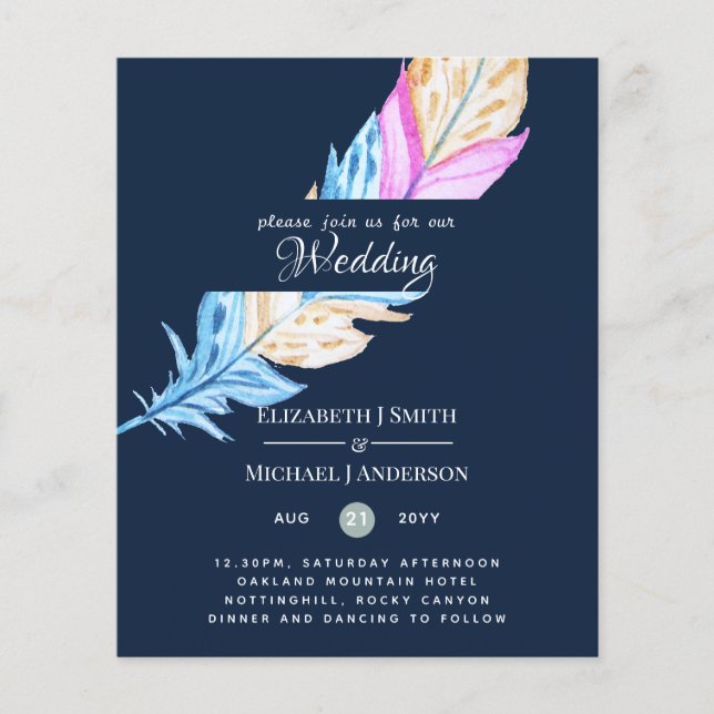 Modern Boho Feather Colourful Budget Wedding Invit (Front)