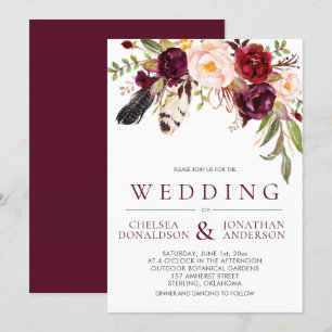 Modern Boho Feathers Marsala Floral Wedding Invitation