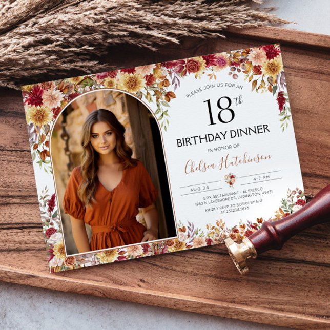 Modern Boho Floral 18th Birthday Dinner Photo Invitation (Creator Uploaded)