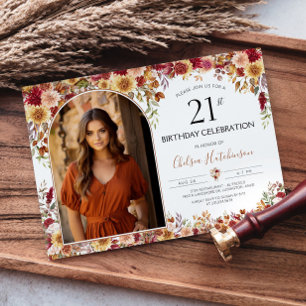Modern Boho Floral 21st Birthday Photo Invitation