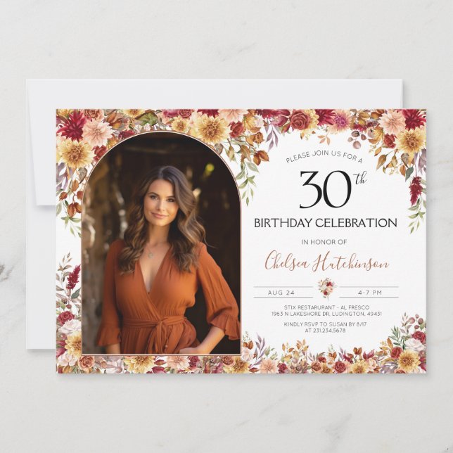 Modern Boho Floral 30th Birthday Party Photo Invitation (Front)