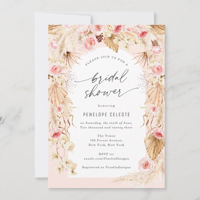 Modern Boho Floral Arch pampas grass bridal Shower Invitation (Front)