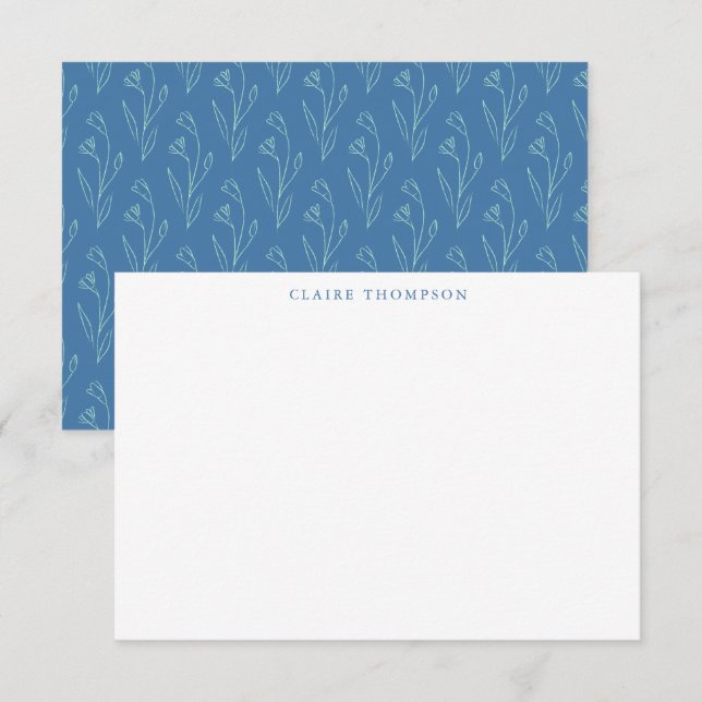Modern Boho Floral Art Blue Personalised Name Card (Front/Back)