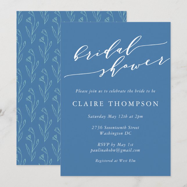 Modern Boho Floral Art Blue Script Bridal Shower Invitation (Front/Back)