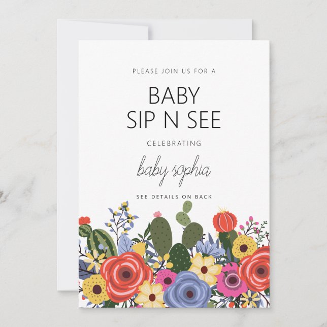 Modern Boho Floral Baby Sip And See Invitation (Front)