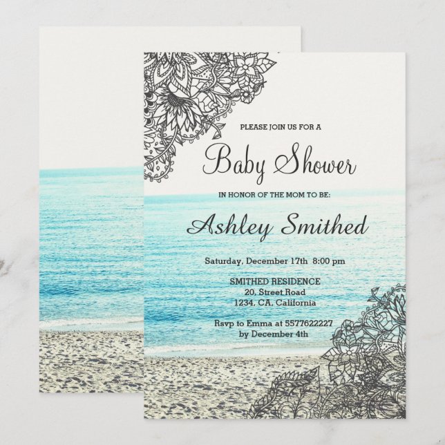 Modern boho floral beach photography baby shower invitation (Front/Back)